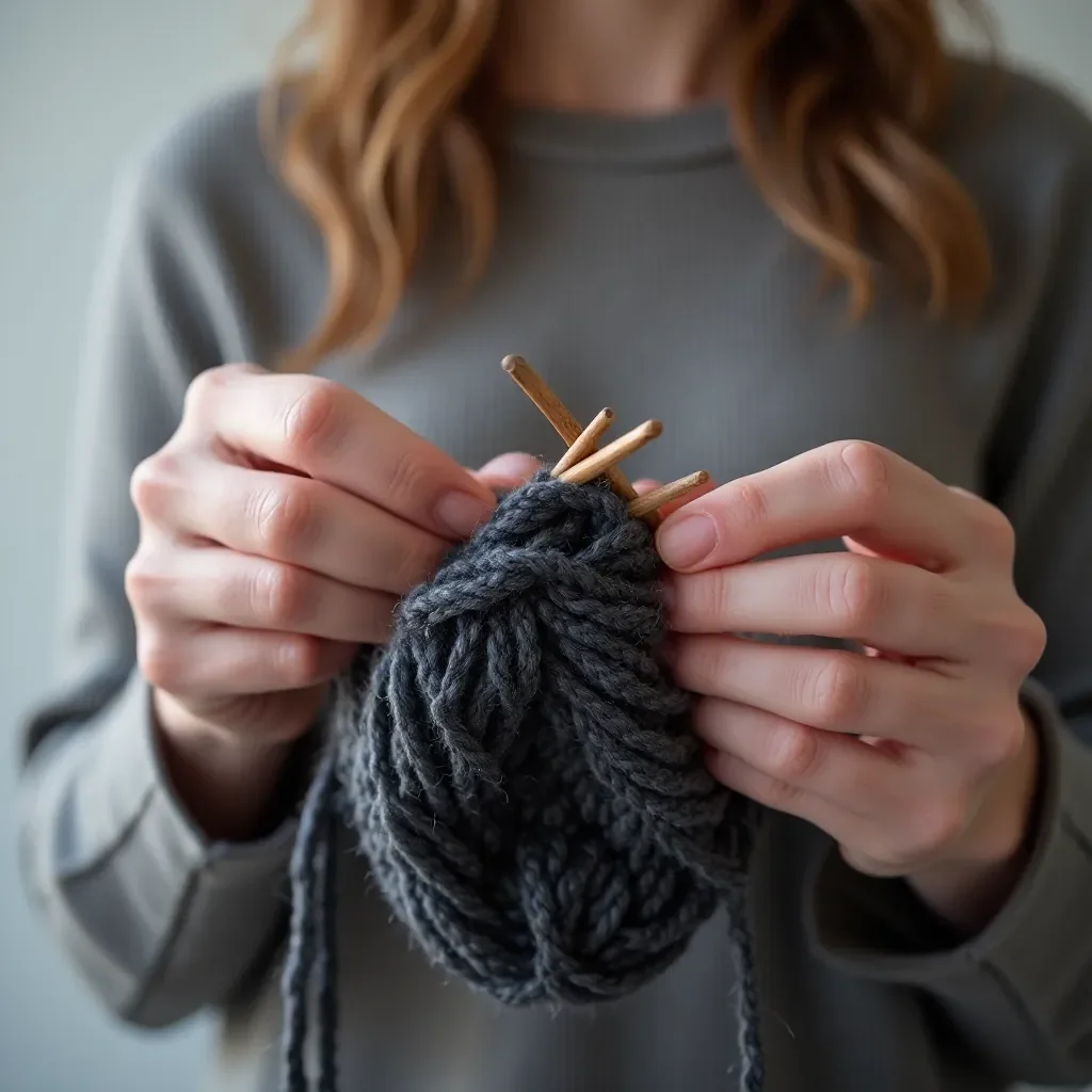 Knitter working on a charcoal grey sweater using worsted weight yarn, needles and project shown mid-stitch with focused detail