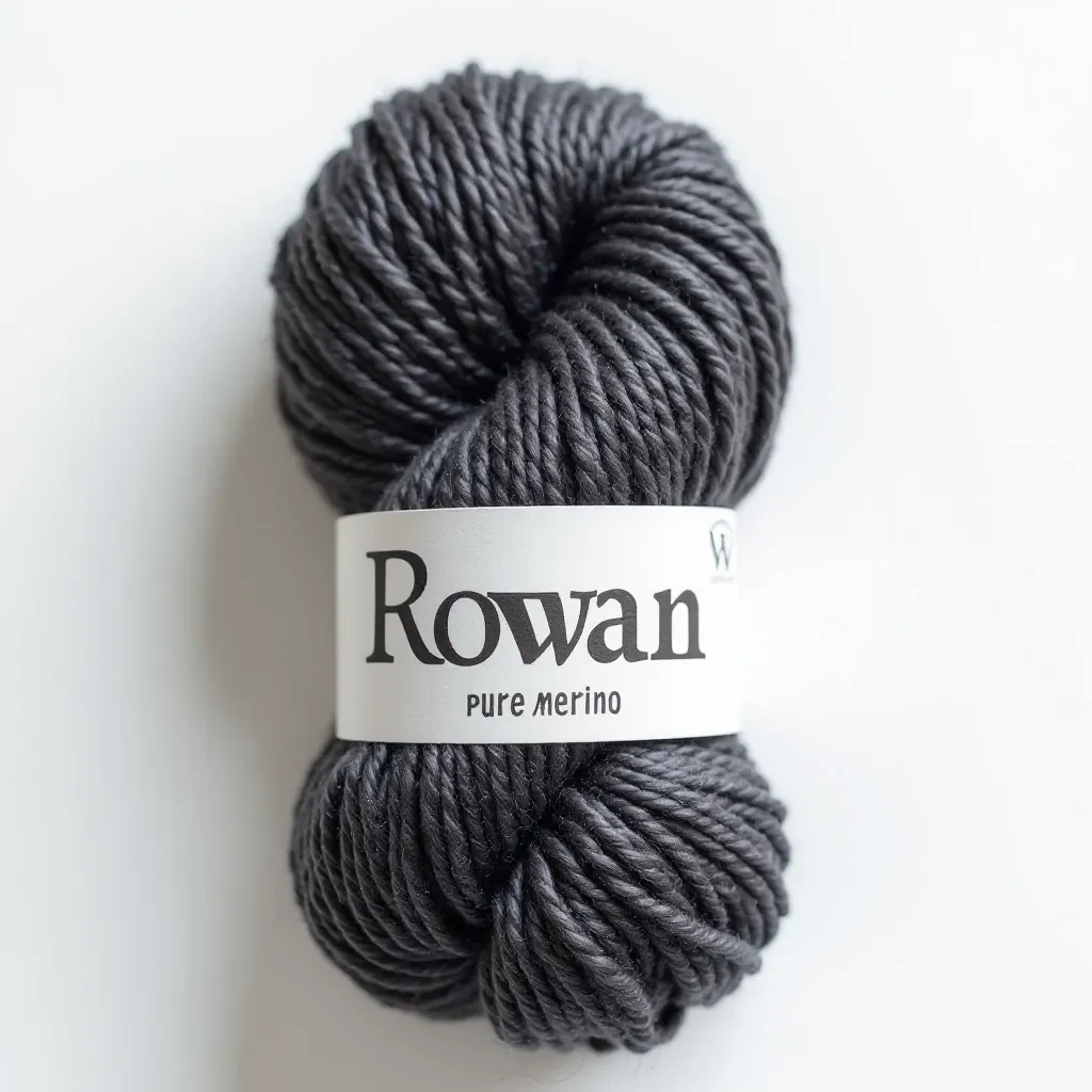 Rowan Pure Merino yarn skein in charcoal grey color, soft wool texture visible